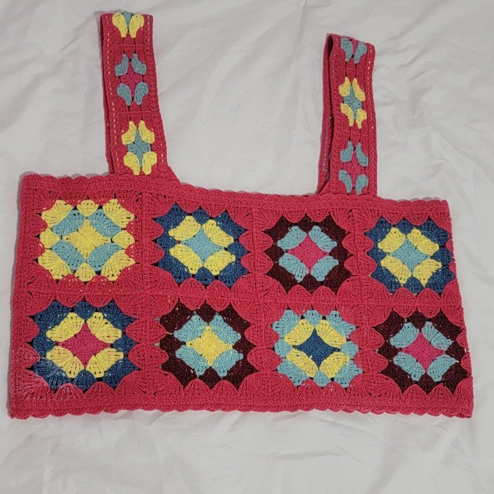XS Crochet Granny Squares Top, Handmade Appearance, Multicolored